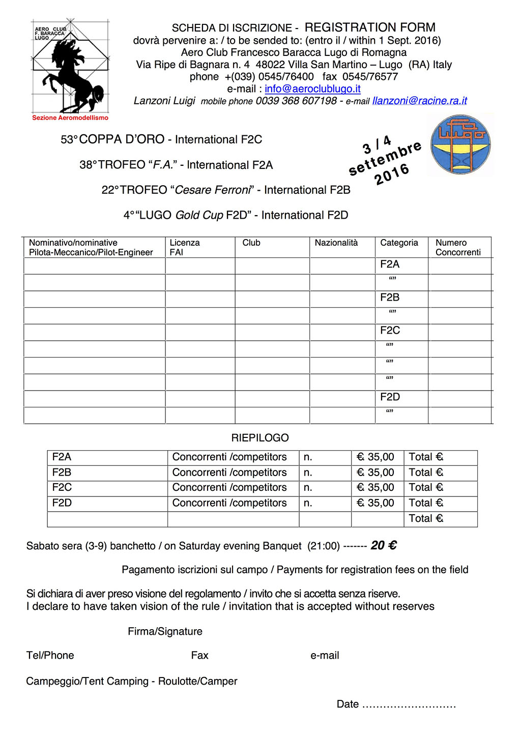 COPPA D'ORO LUGO 2016 RegistrationForm